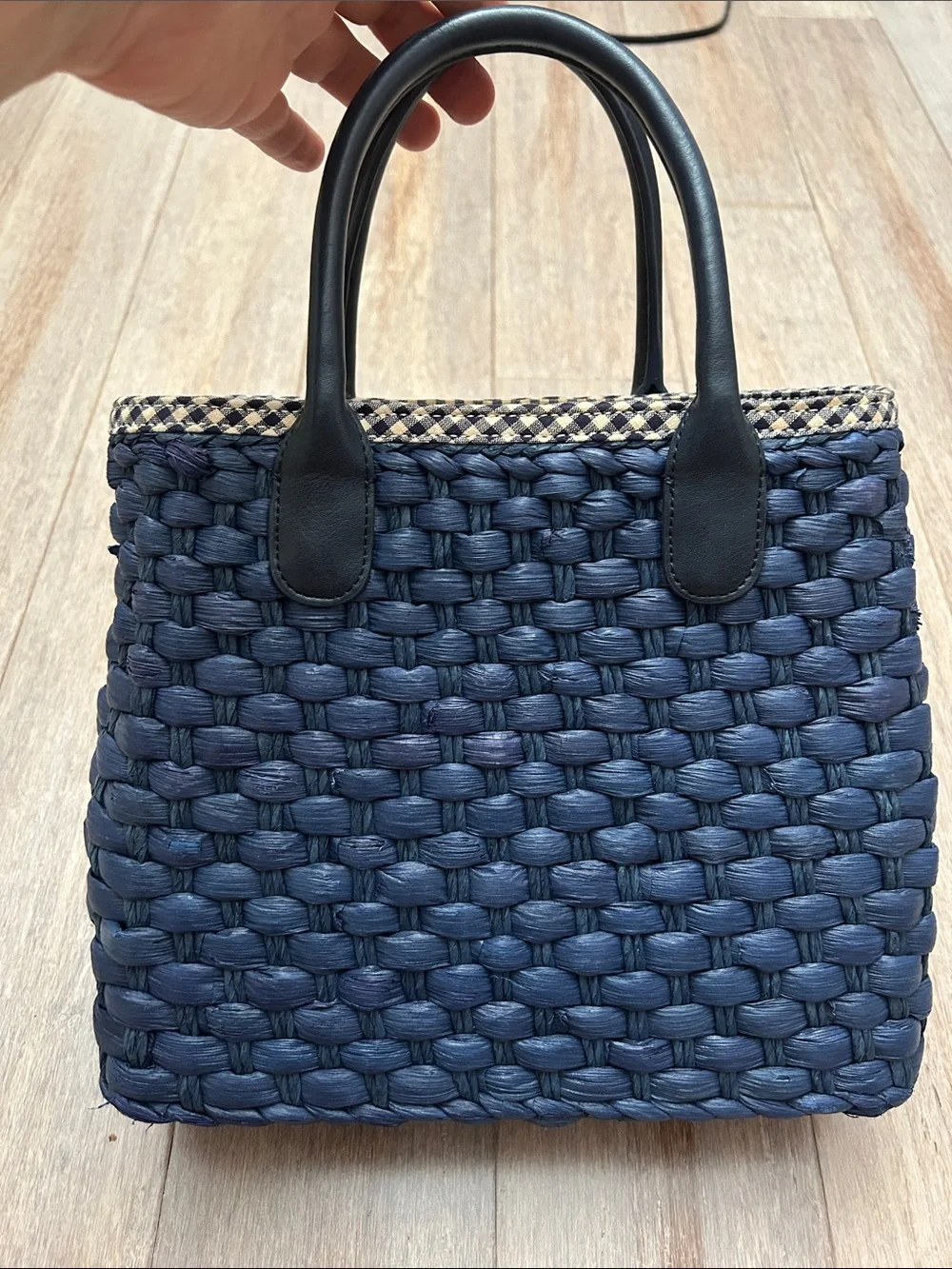 Talbots Navy Woven Tote with Black Faux Leather Handles and gingham lining